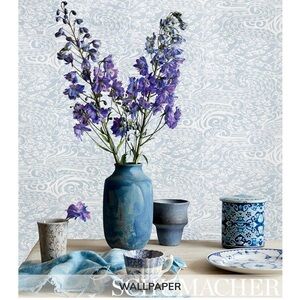 Selling 7.5 rolls of this beautiful Schumacher Mizu blue wallpaper!